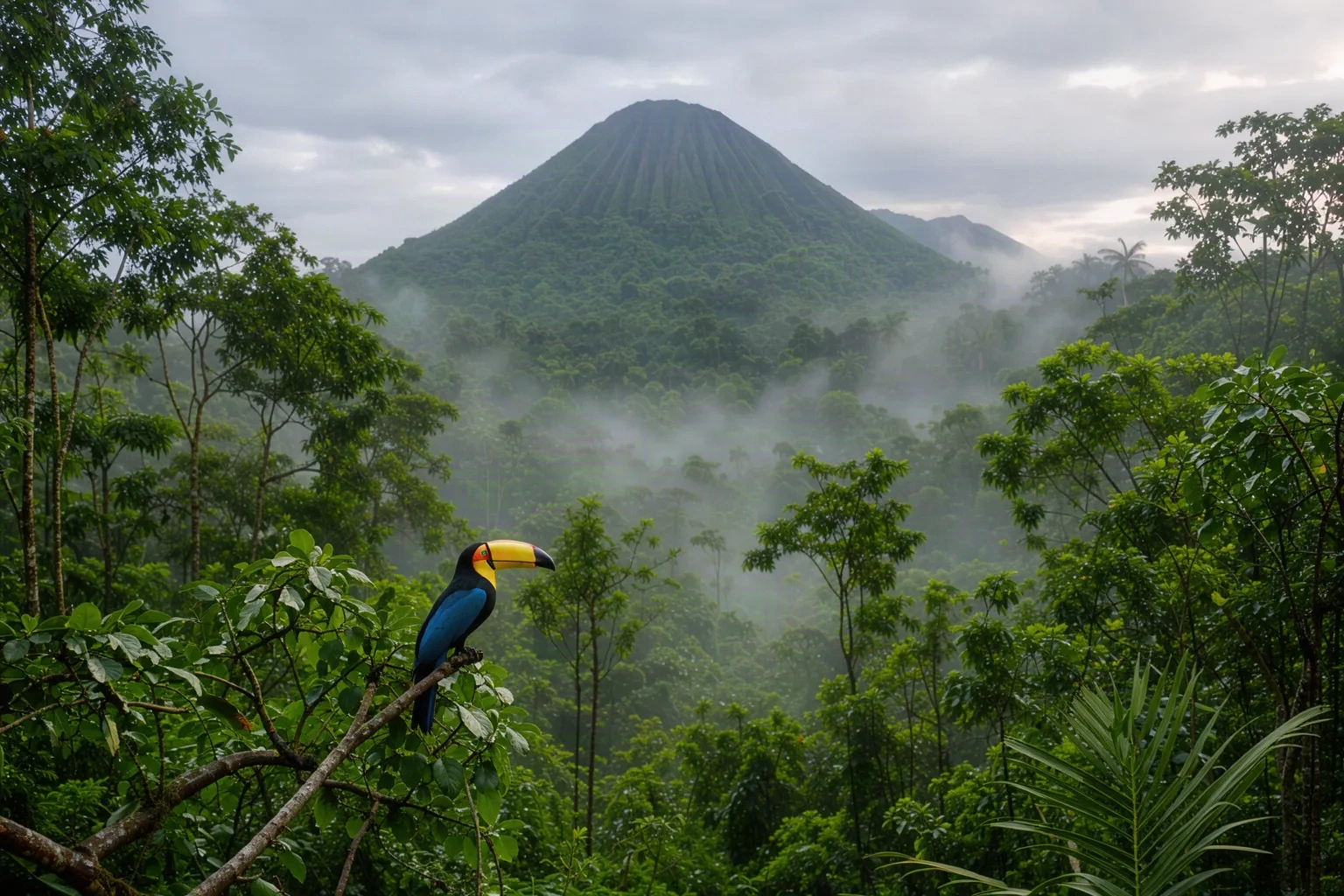 Jungle tropicale d'Amérique centrale avec un volcan au loin