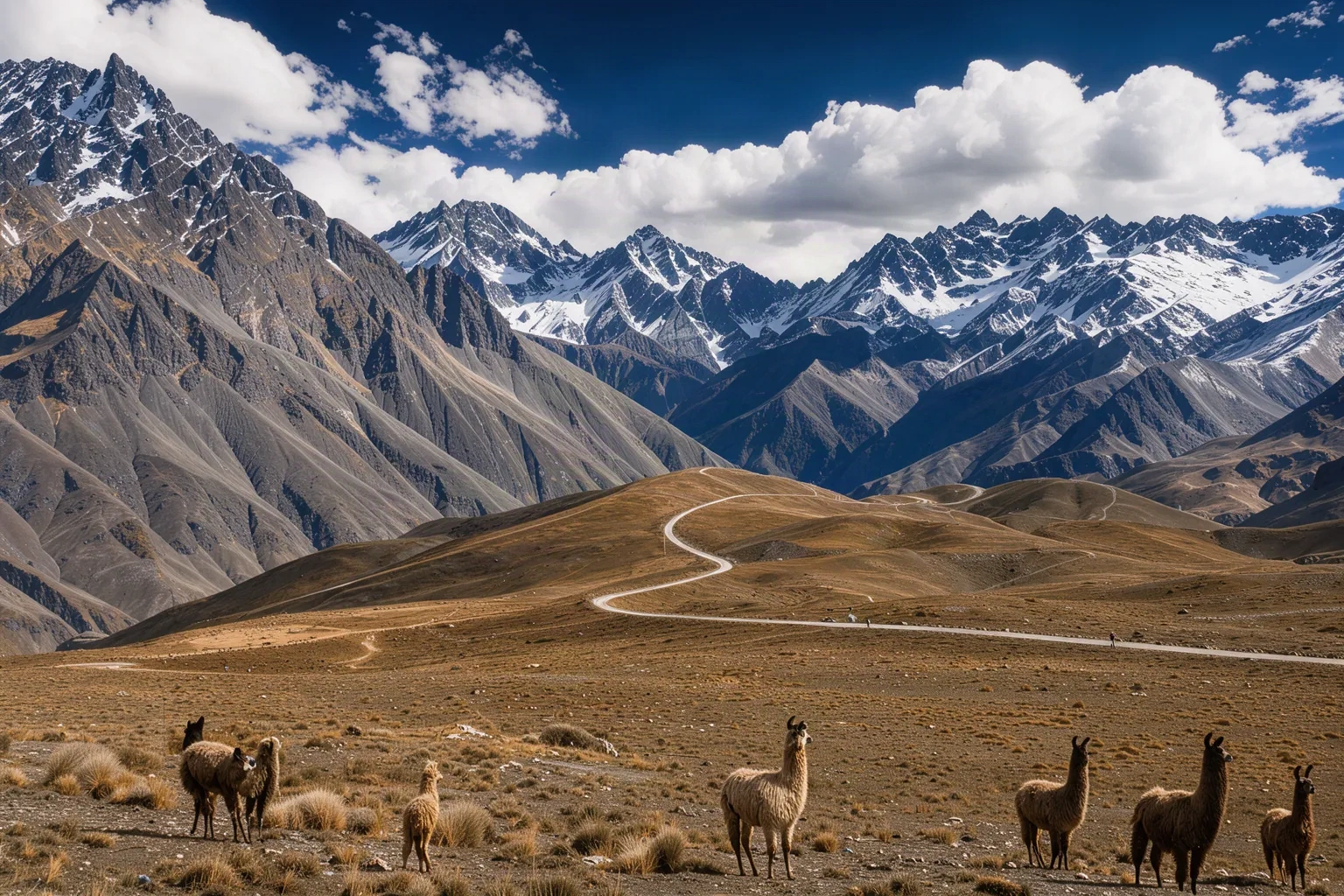 Route des Andes avec des lamas au premier plan
