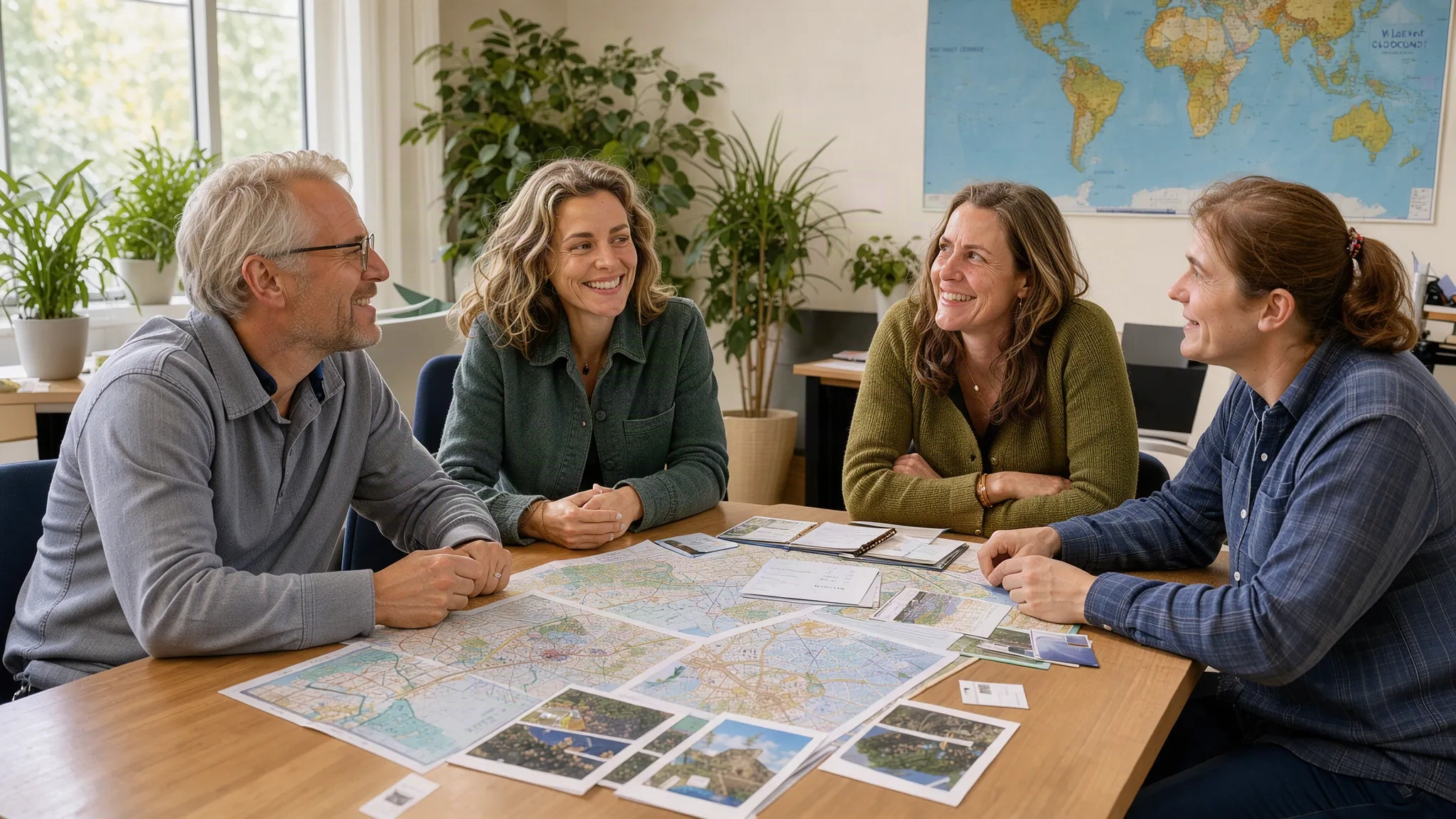 Équipe de l'agence travaillant autour d'une table couverte de cartes