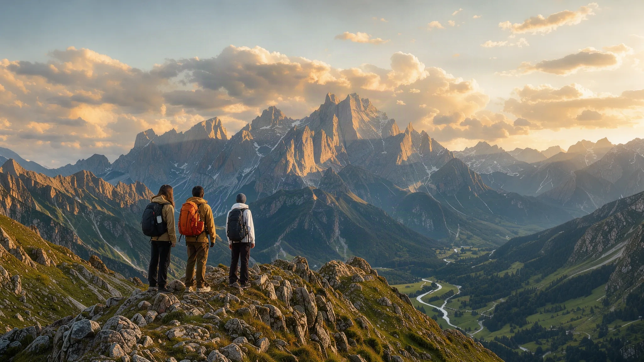 Randonneurs sur une crête de montagne au coucher du soleil