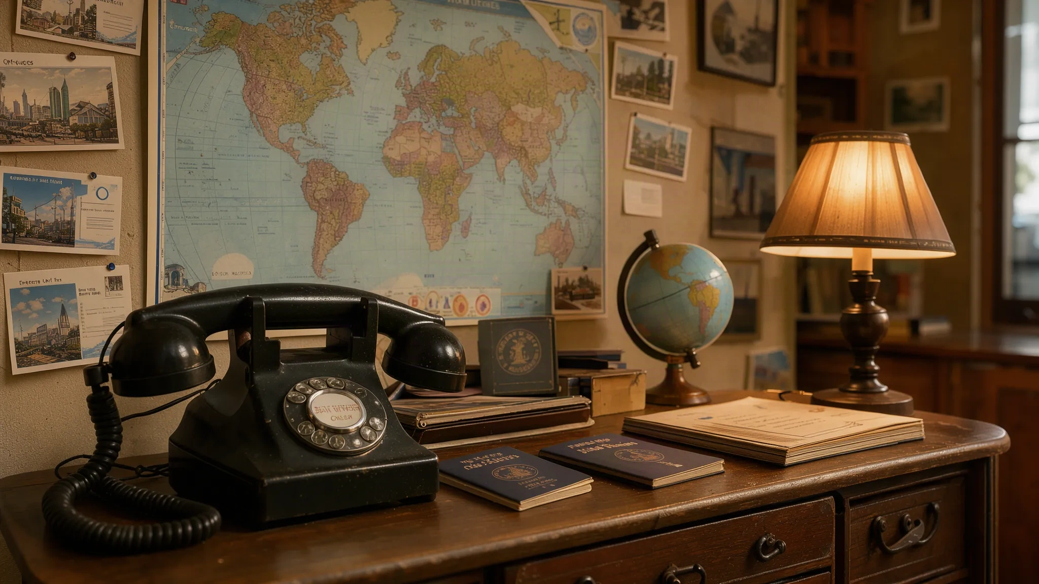 Bureau de voyage vintage avec téléphone à cadran et carte du monde