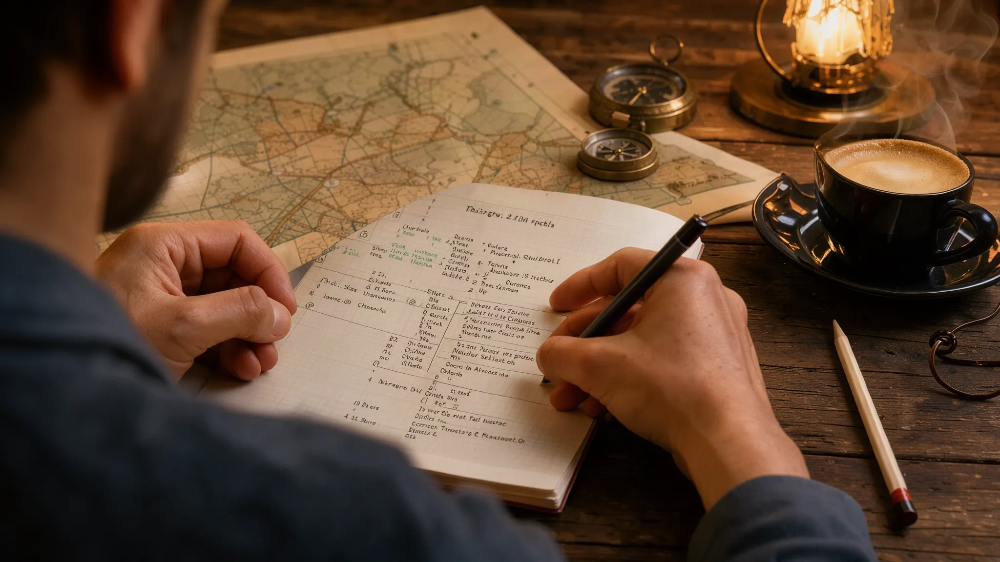 Mains écrivant un itinéraire de voyage sur un carnet, carte et boussole posées sur une table en bois