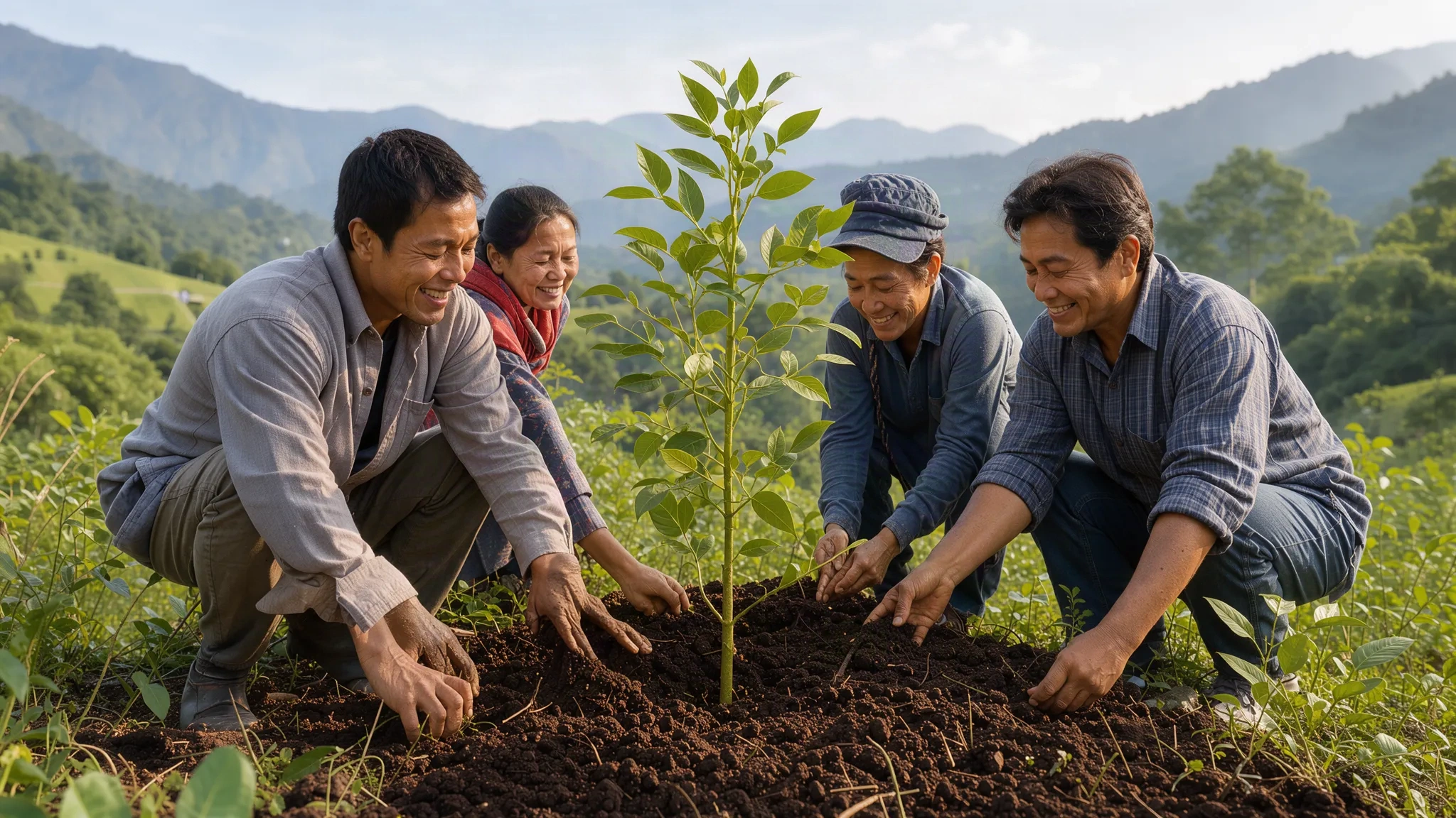 Voyageur plantant un jeune arbre avec des villageois dans une vallée verte
