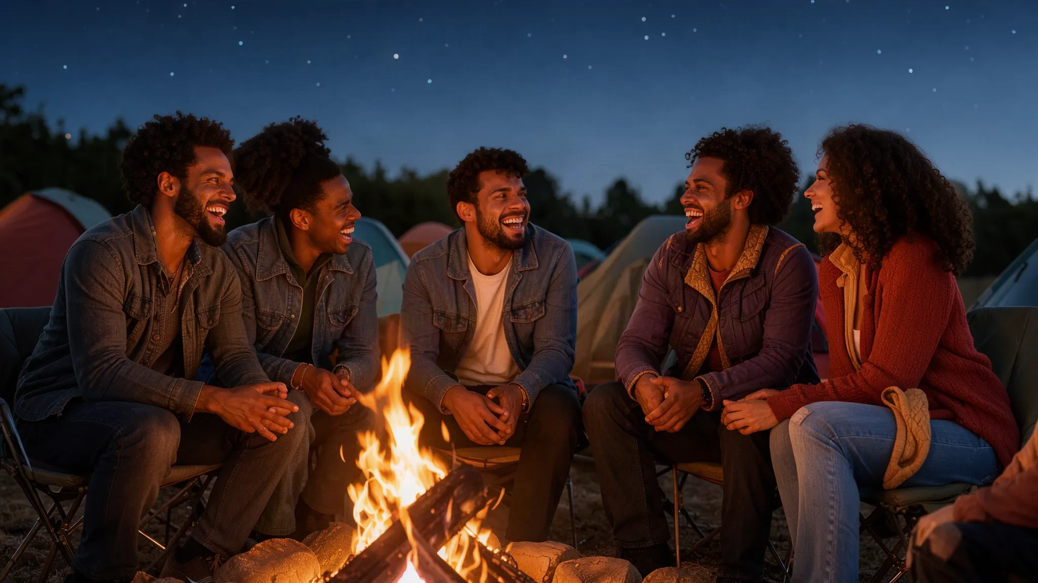 Voyageurs riant ensemble autour d'un feu de camp à la tombée de la nuit