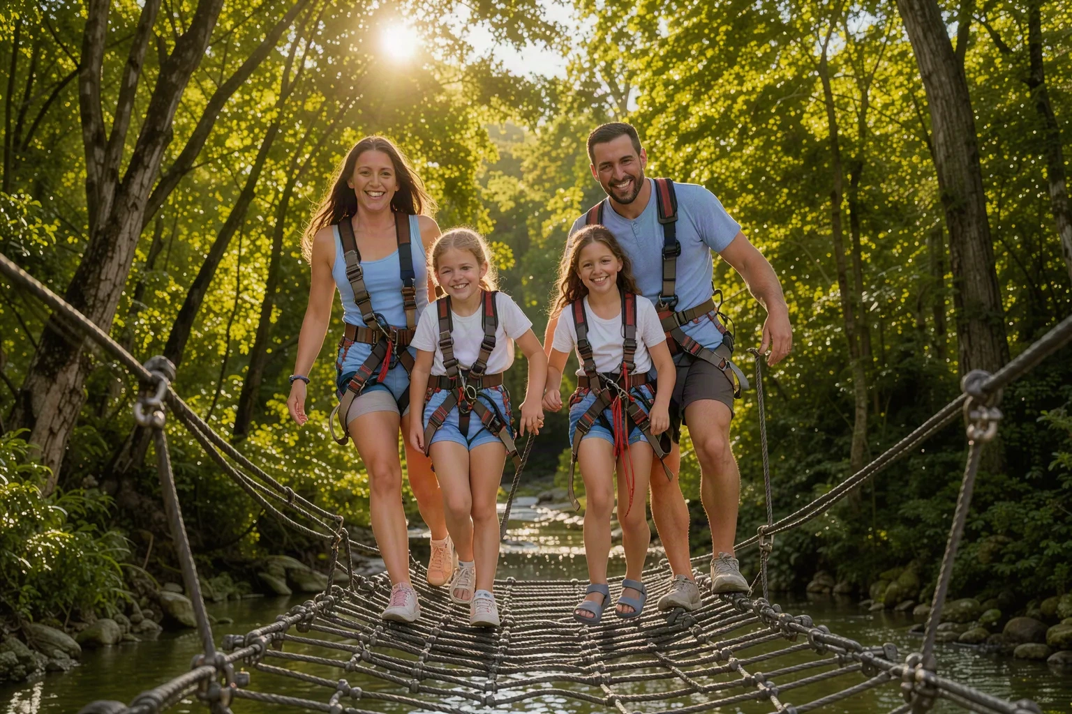 Famille traversant une passerelle suspendue en forêt