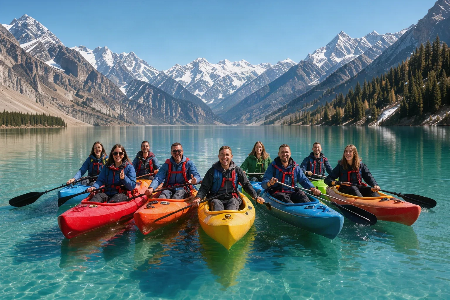 Groupe d'amis pagayant en kayaks sur un lac turquoise