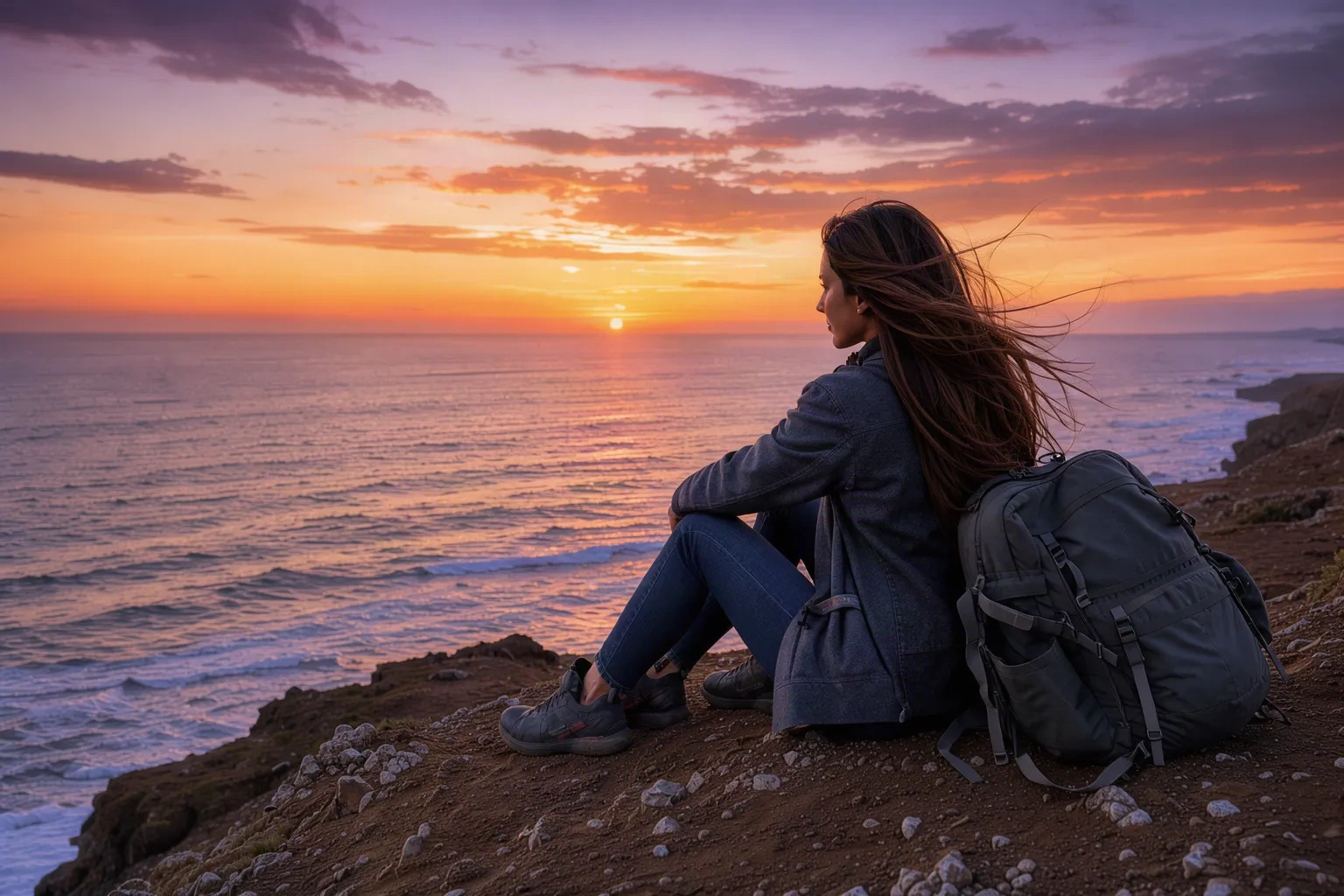 Voyageuse solitaire contemplant un coucher de soleil sur l'océan